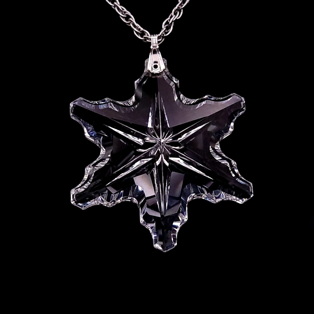 Mid-Century Lead Crystal Snowflake Star Pendant Necklace 24" Chain Vintage